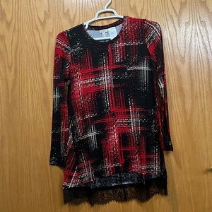 LOGO Scoop Neck Lace Fringe Long Sleeve Top